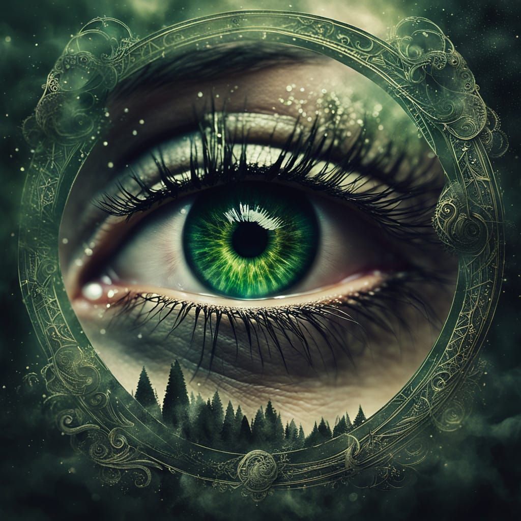 Ethereal Eye with Green Sprout in Silvery-Grungy Background