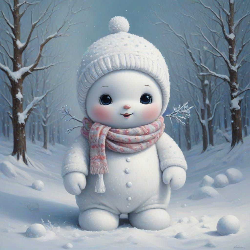 Surreal Oil Painting of Adorable Snowbaby in Christmas Wonde...