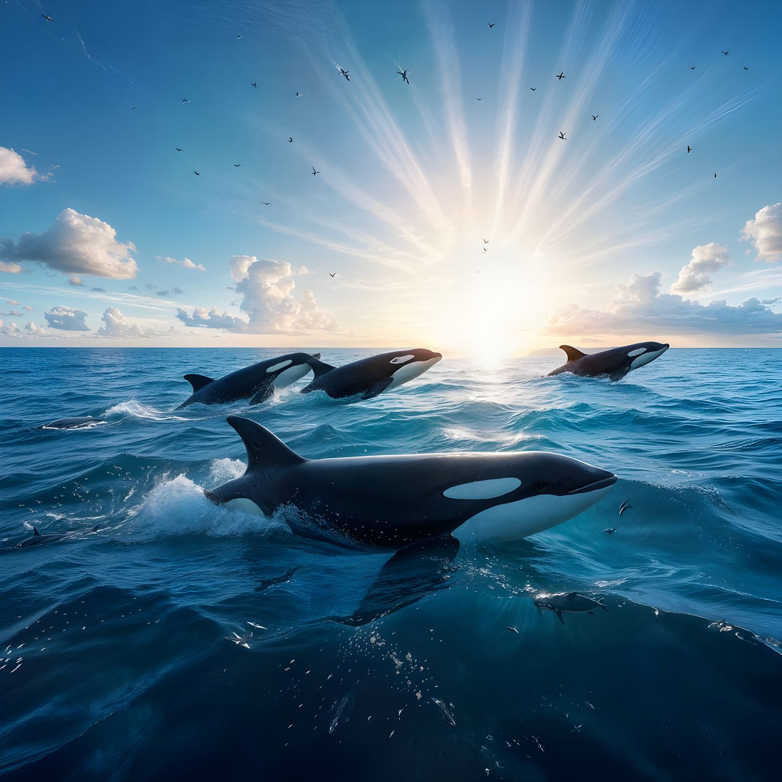 Orcas Amidst Epic Ocean Sunrise