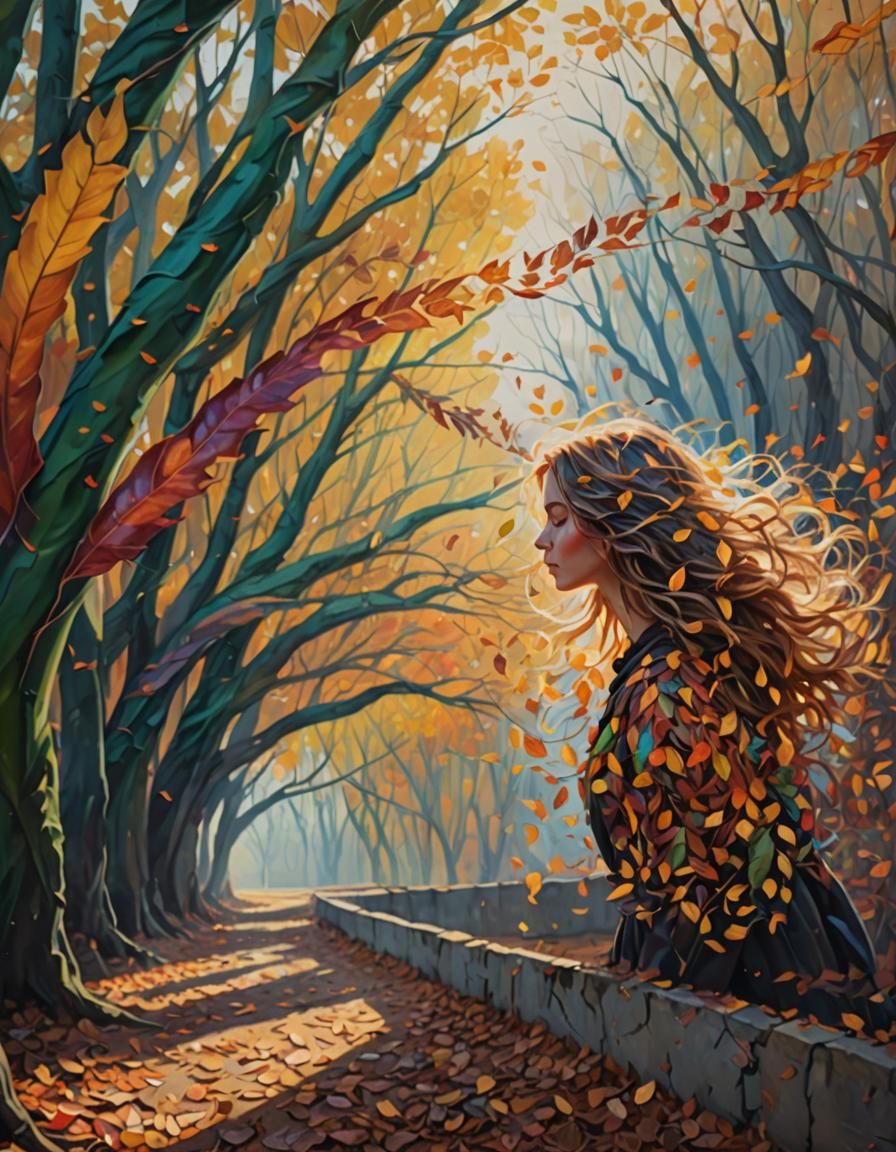 Surreal Woman in Windy Landscape: Oil Painting