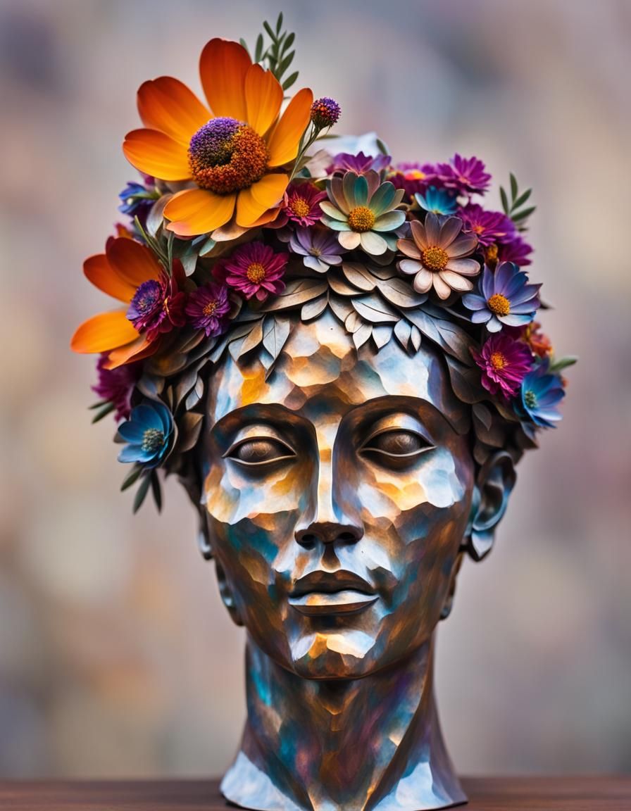 Metalwork Sculpture with Illuminated Floral Crown