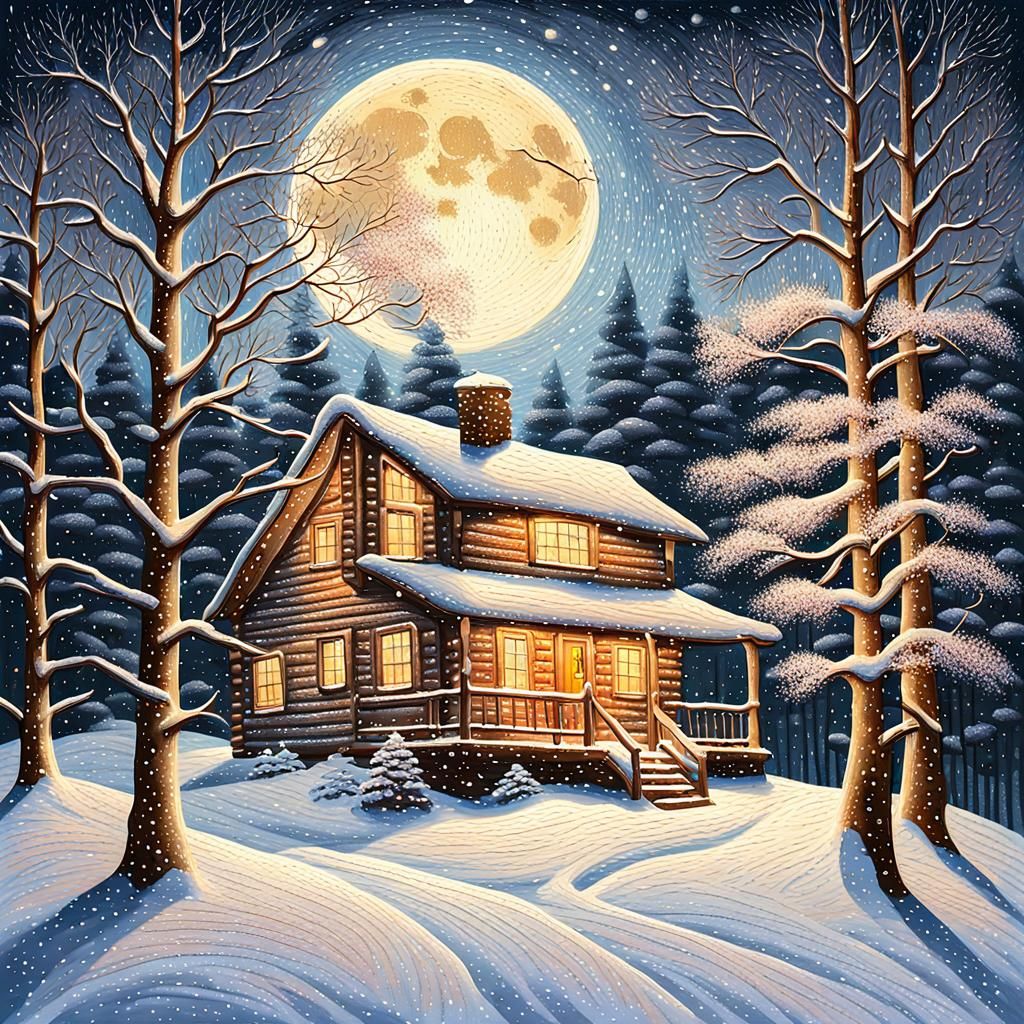 Woodland Cabin in Pointillism Style Under Moonlight