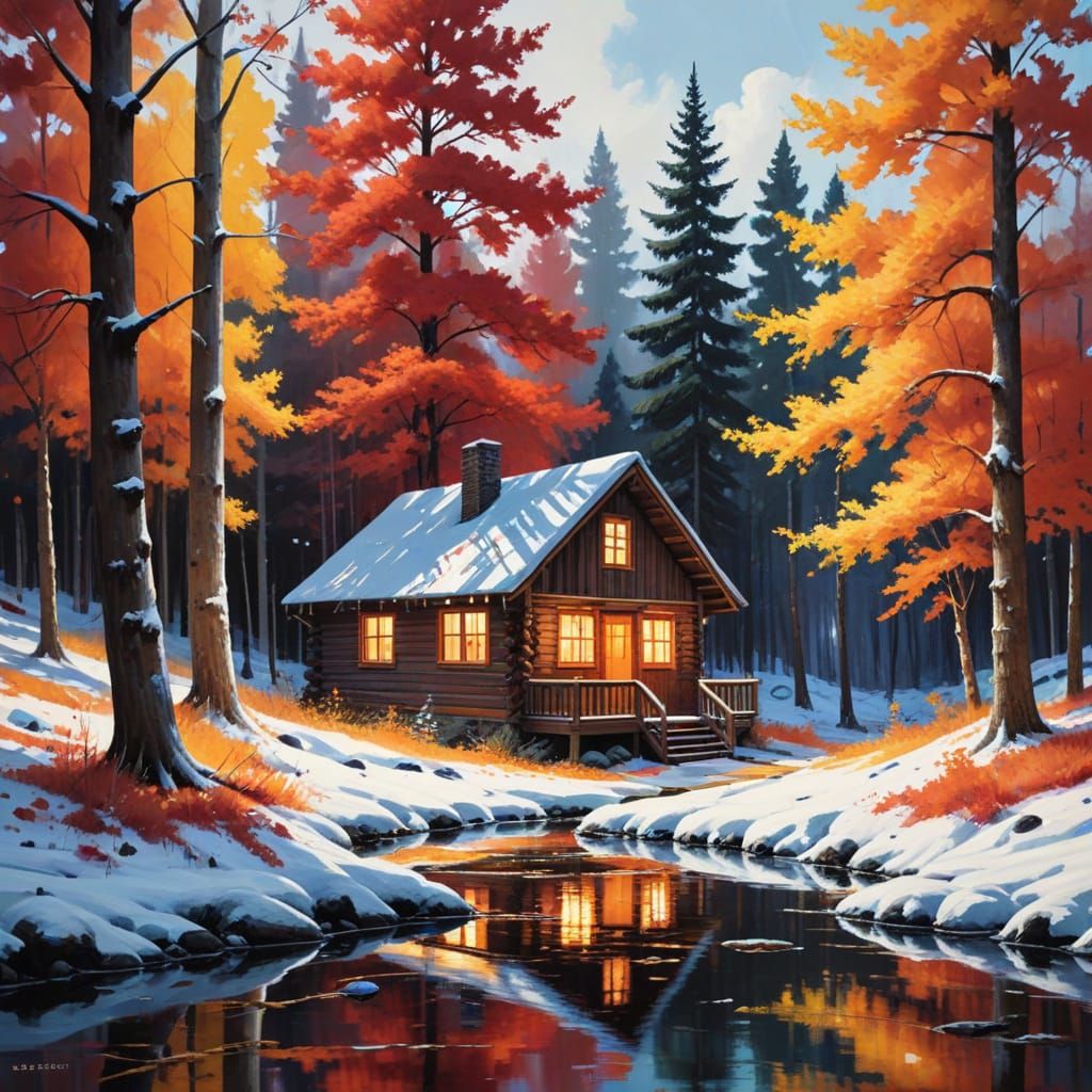 Expressive Watercolor Painting of a Snowy Cabin in Vibrant A...