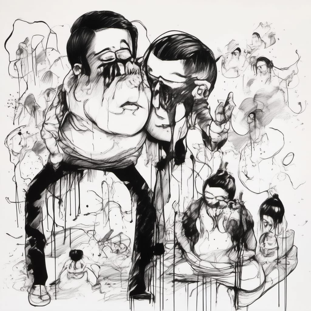 Surreal Satirical Art with Bold Ink and Distorted Figures