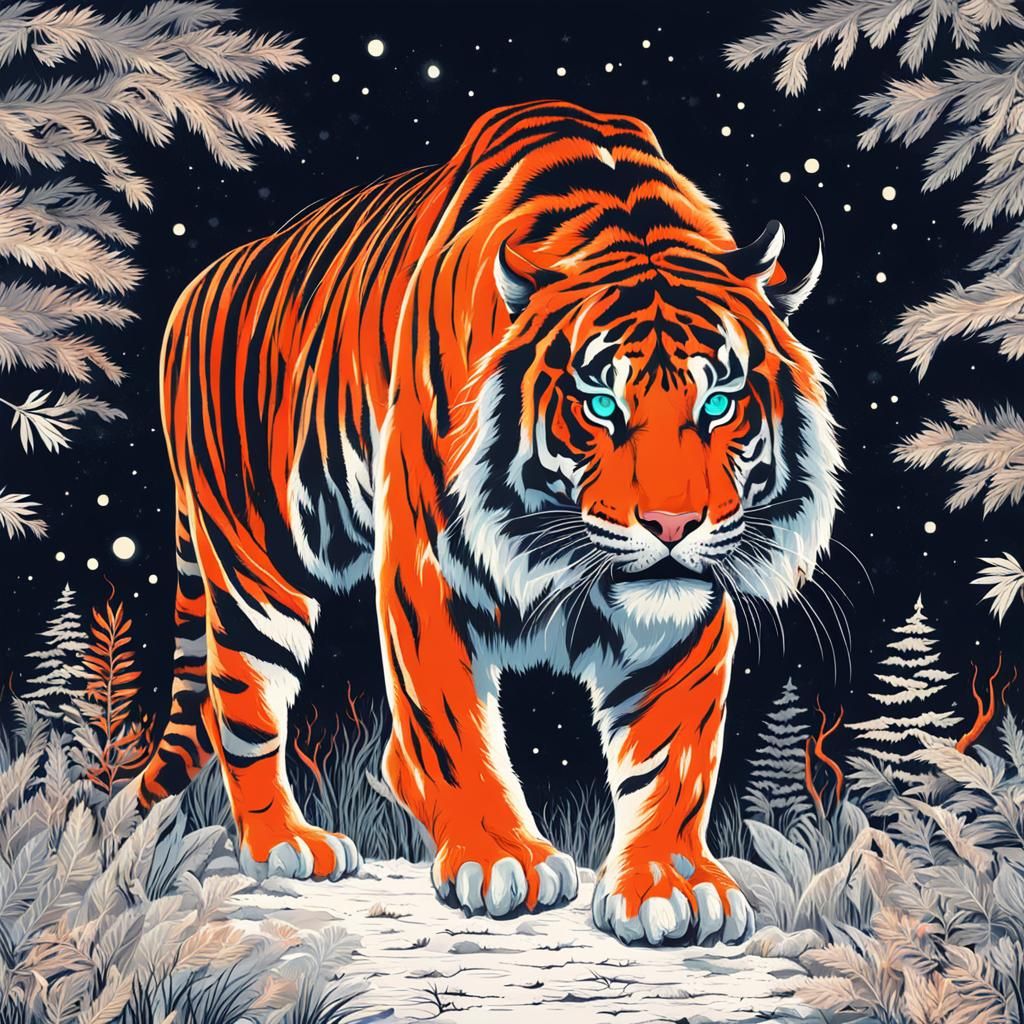 Fiery Tiger in Bioluminescent Forest at Night
