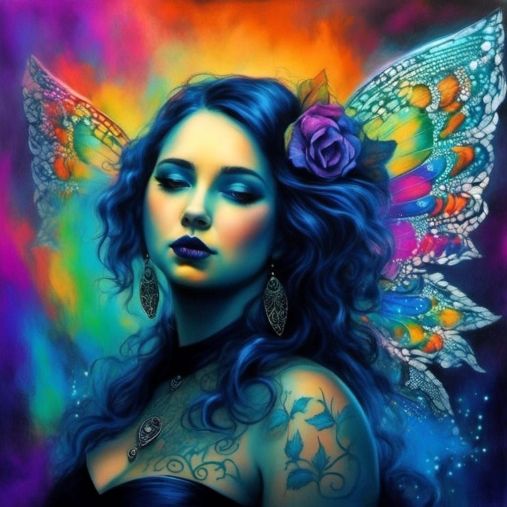 Gothic Tattooed Fairy Pin-Up with Ethereal Glow