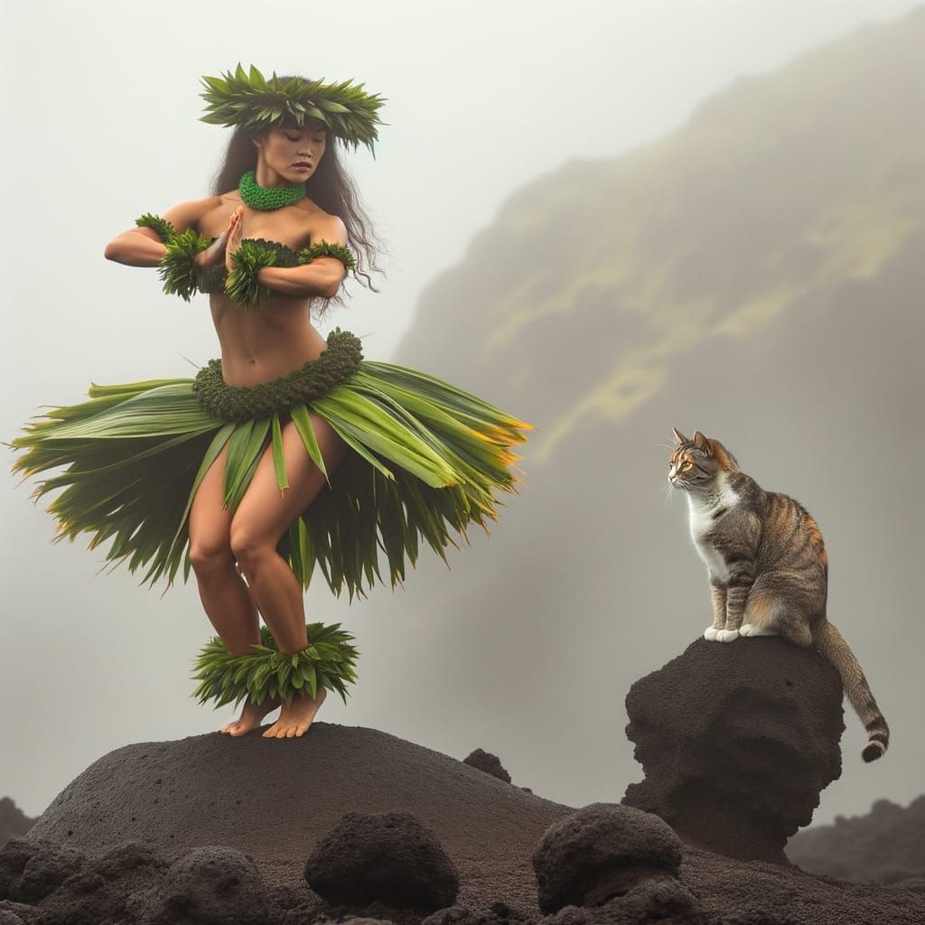Mystical Hula Dancer in Volcanic Fog, Hawaii