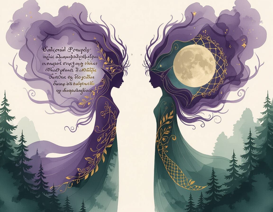 Abstract Ink Elves in Violet and Gold