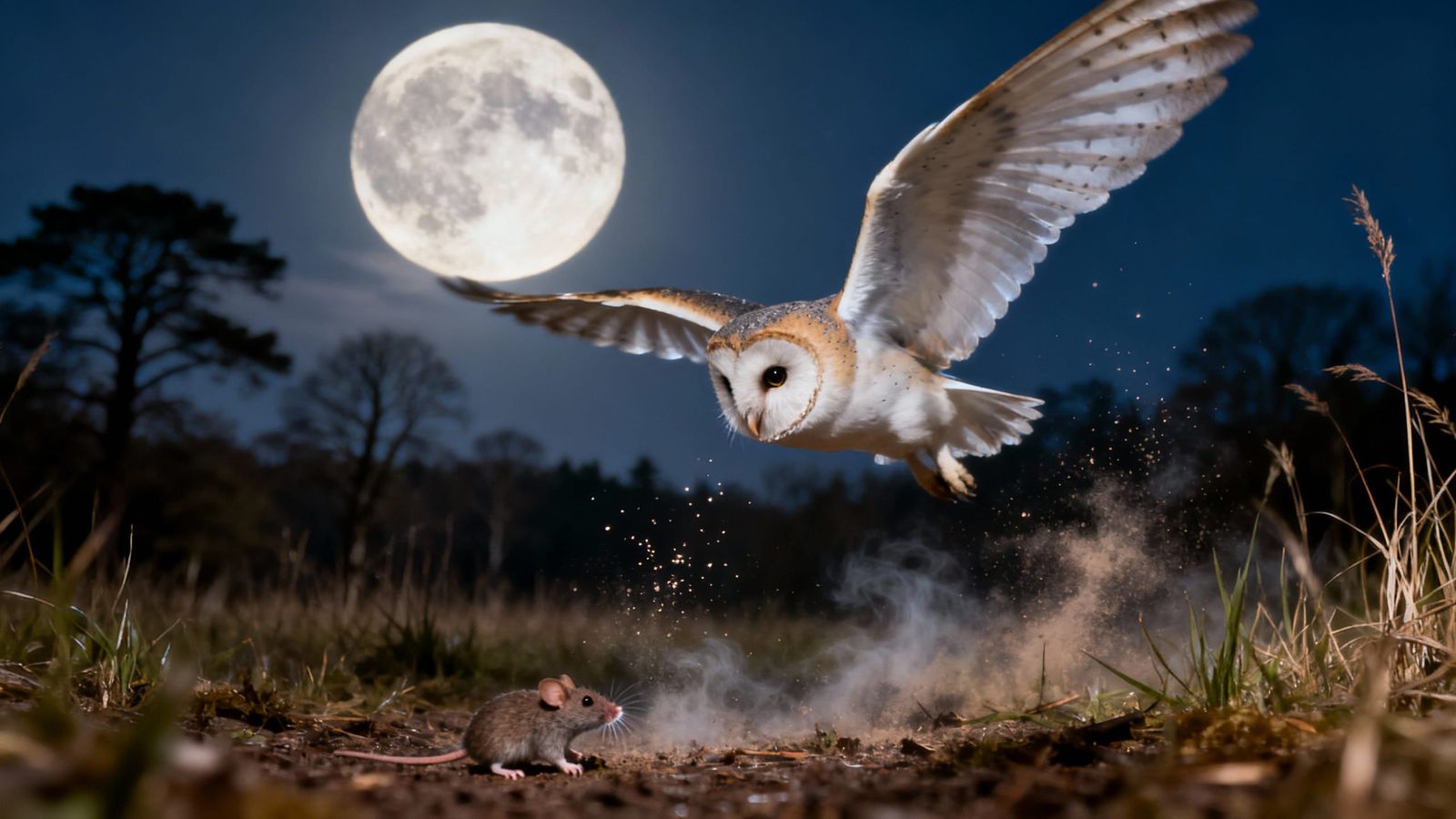 Realistic Barn Owl Hunting at Night in Full Moon Light