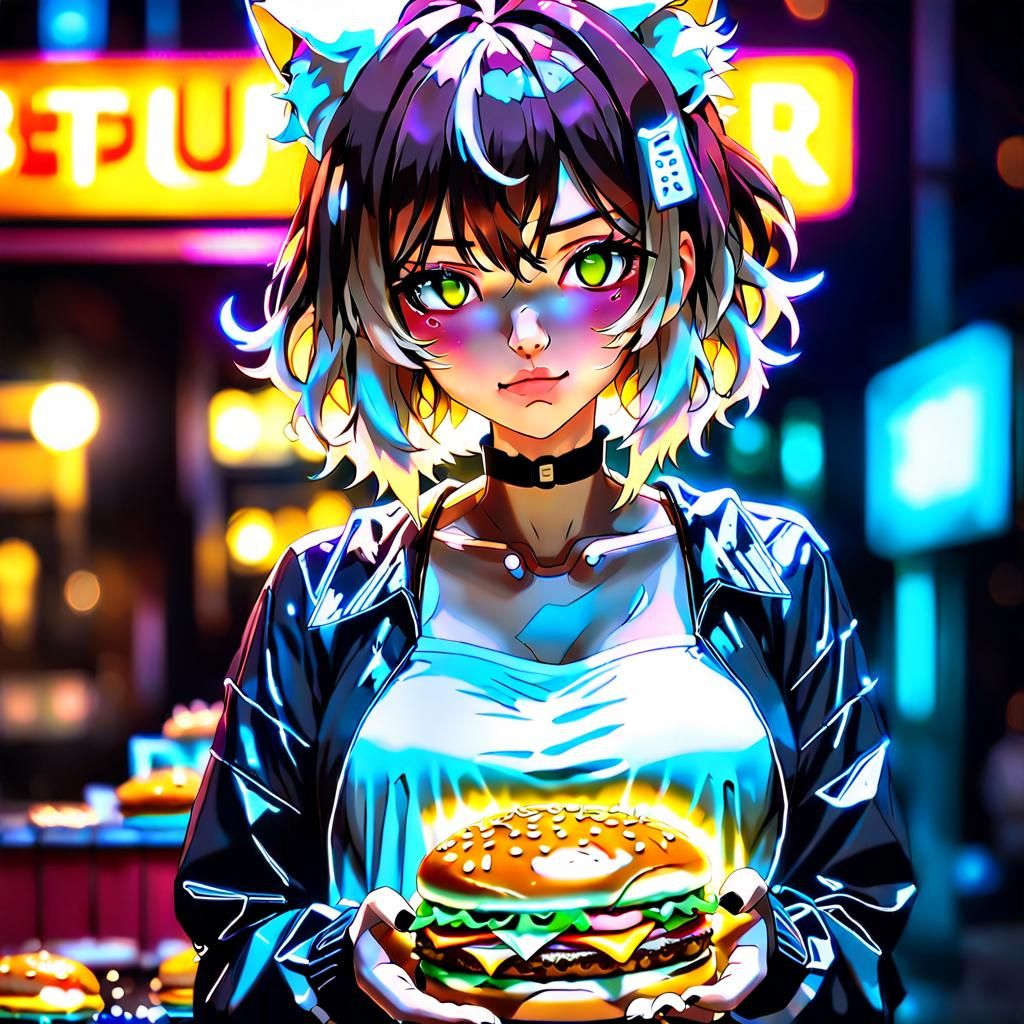 Hyperrealistic Anime Trans Woman with Burger