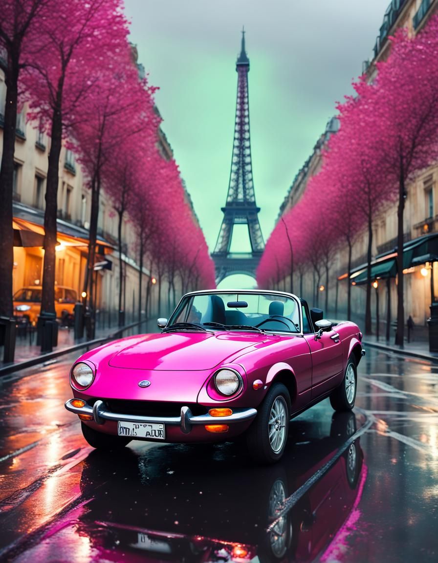 Green Miata in Paris with Eiffel Tower