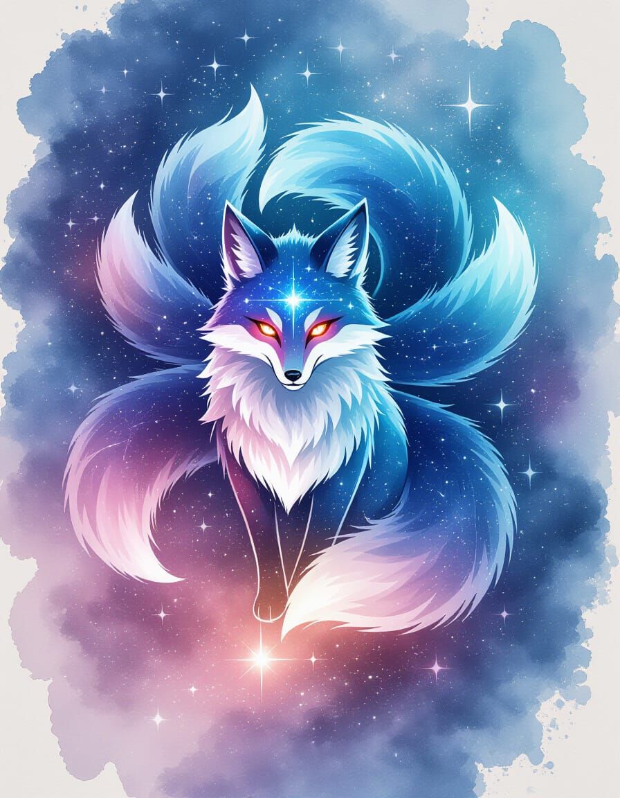 Cyberpunk Kitsune with Stardust Fur and Constellations