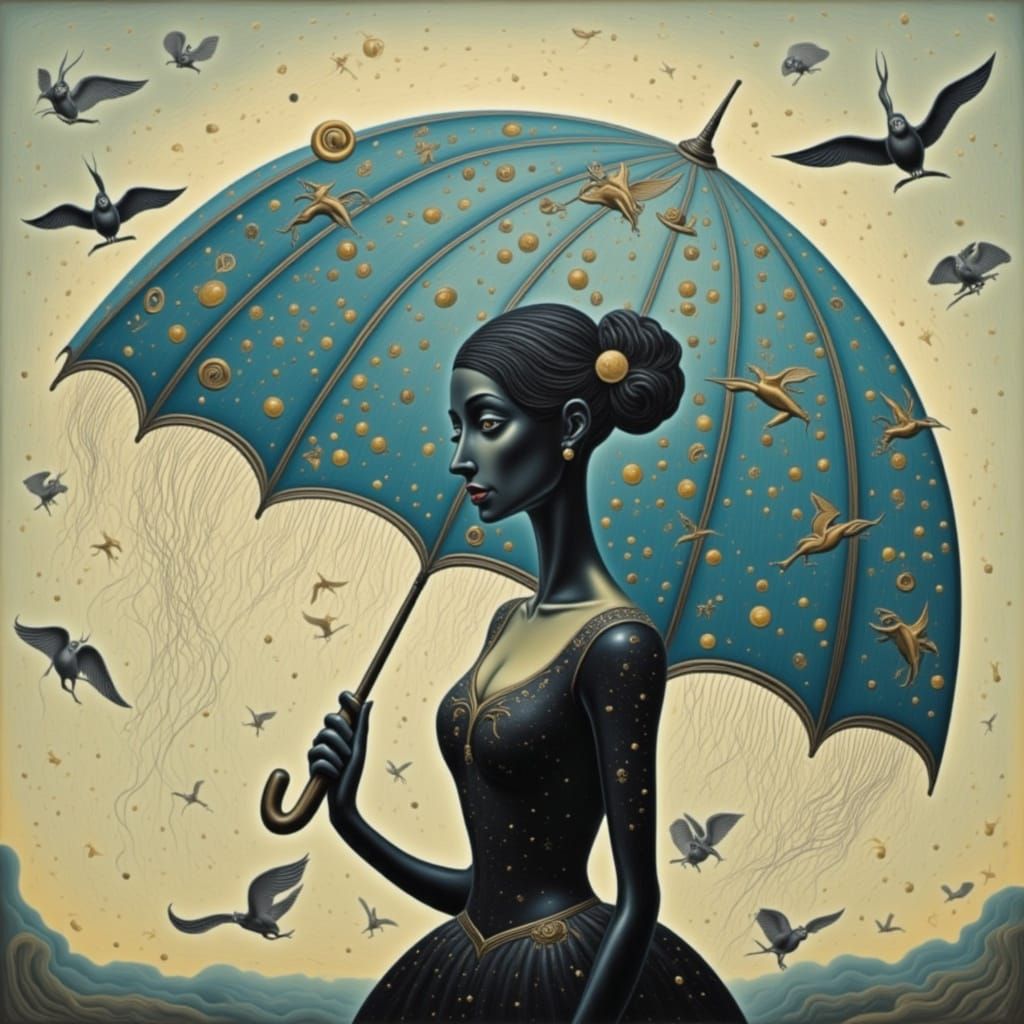 Ethereal Ballerina Under Umbrella in Cyberpunk Aesthetic