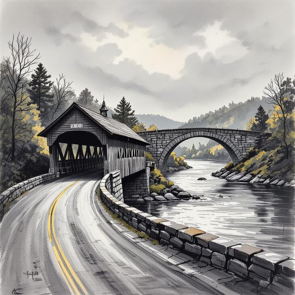 Covered Bridge Over River in Dramatic Charcoal Drawing