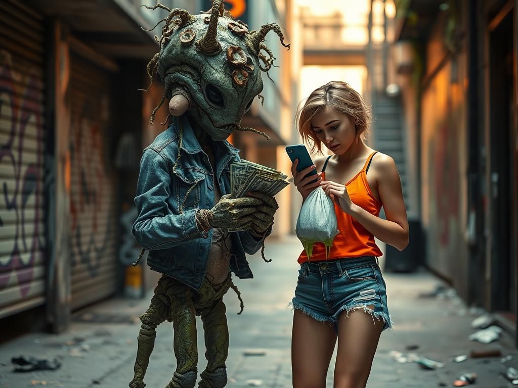 Fungus Humanoid Counts Cash in Grimy City