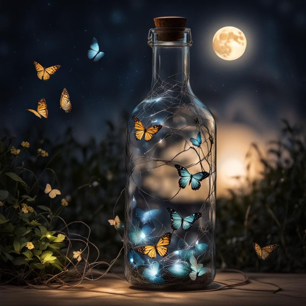 Moonlit Bottle with Lights and Butterflies