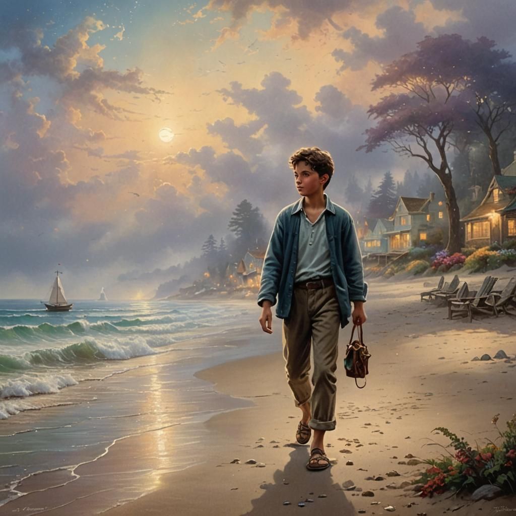 Ethereal Boy Walks on Misty Beach, Fantasy Art