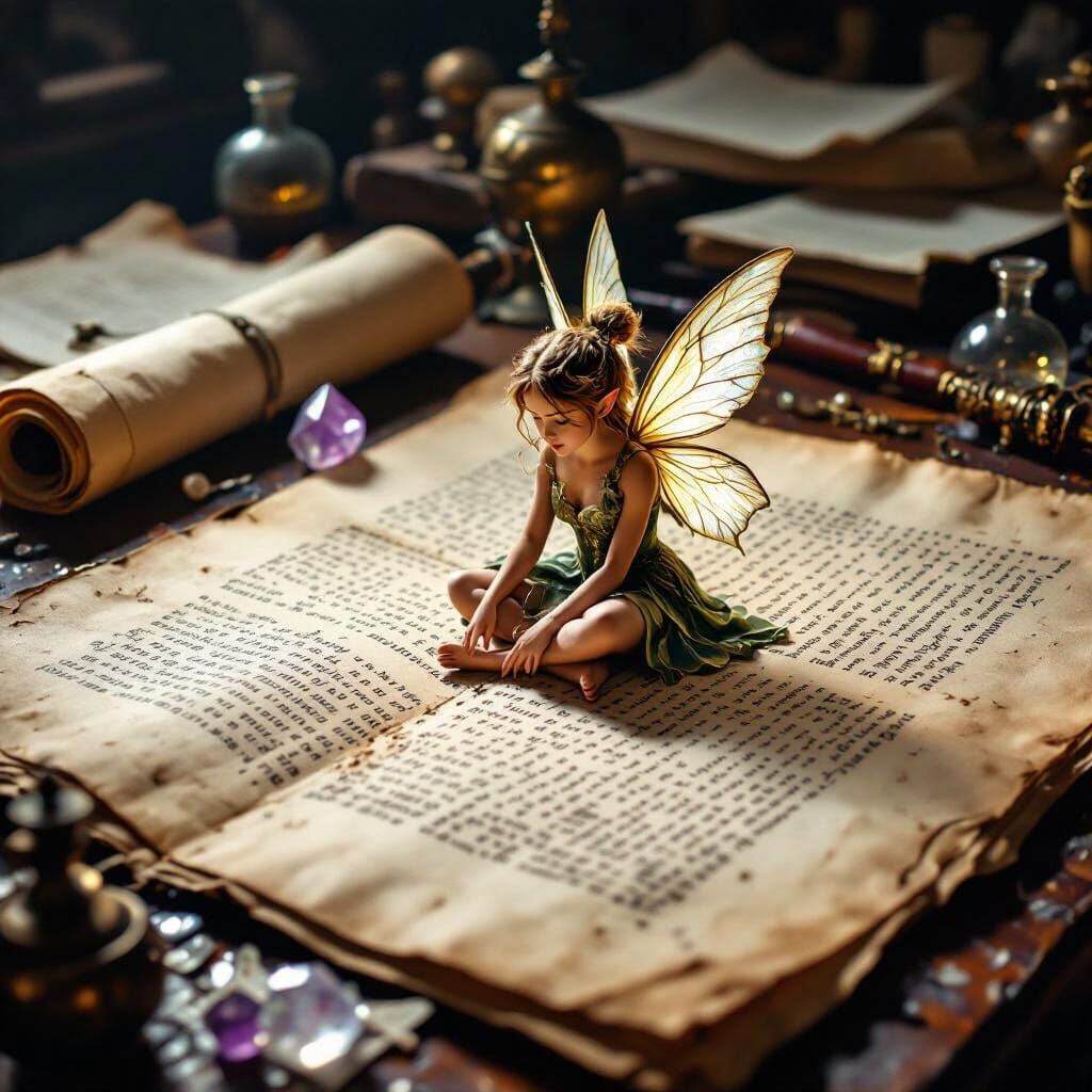 Fairy Reads Ancient Manuscript on Magical Table