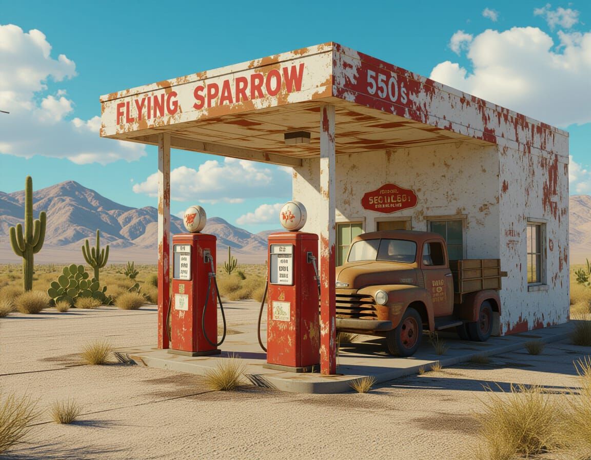 Abandoned Desert Gas Station "Flying Sparrow" Splash Art