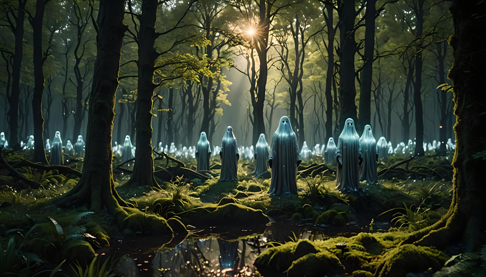 Ethereal Ghosts Shimmer in a Glittering Forest