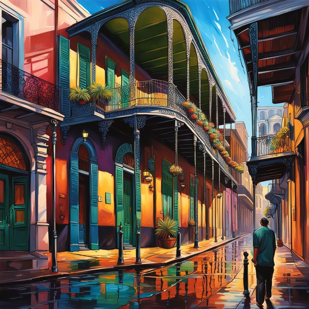 Hyperrealistic French Quarter Scene in Splash Art Style
