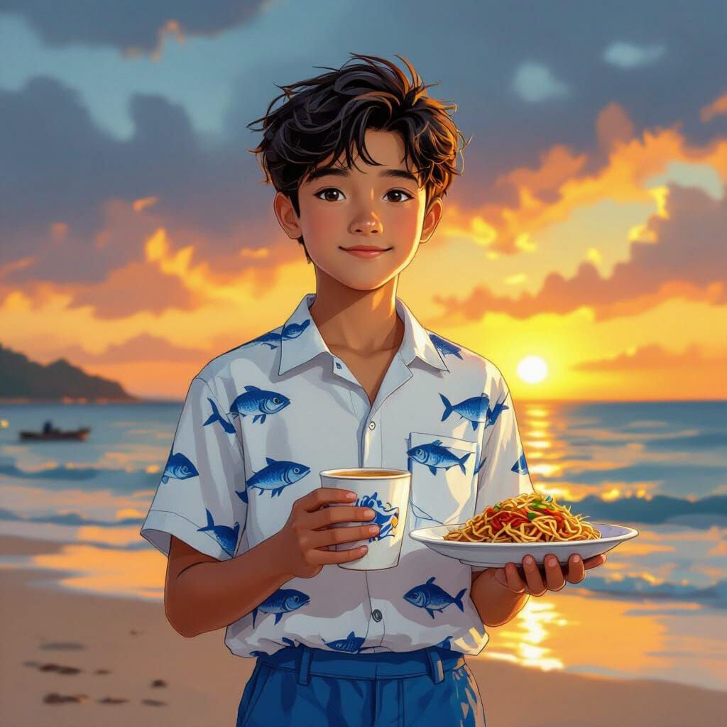 Boy at Sunset on Damai Beach, Digital Art