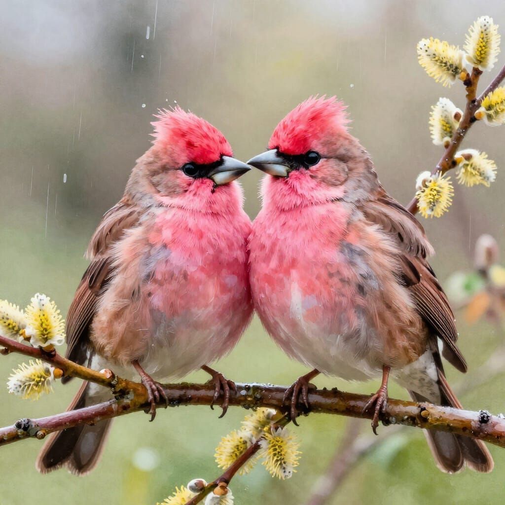 Pink Robins Snuggled in Dawn Light as Watercolor Painting