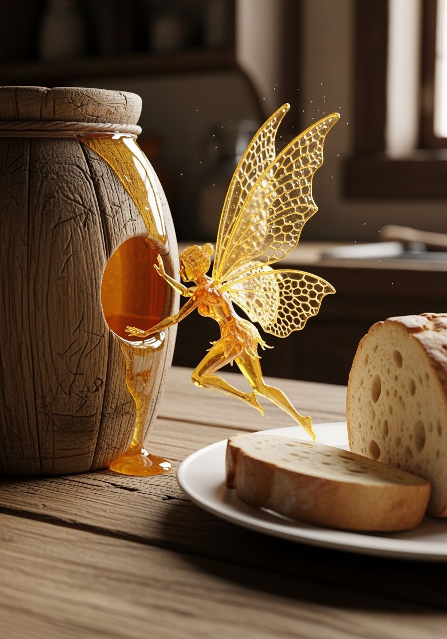 Honey Fairy Emerges from Jar in Rustic Kitchen