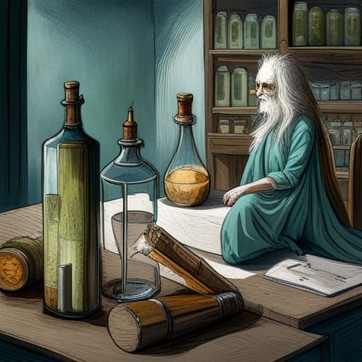 Mystical Apothecary Scene with Potions and Herbs