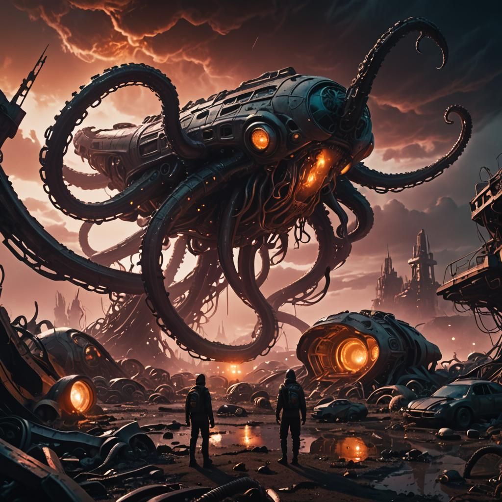 Tentacle Alien in Spaceship Graveyard: Cinematic Film Still