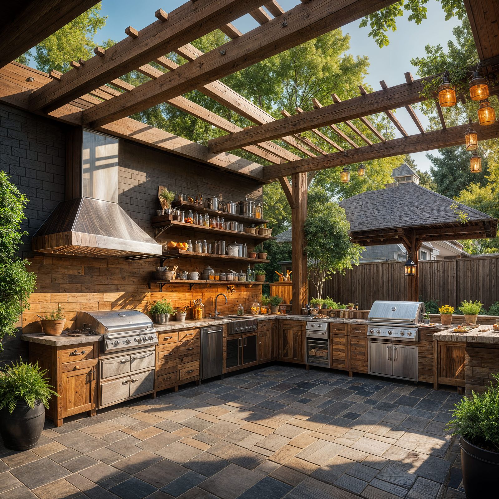 Inviting Amber and Wood Outdoor Kitchen