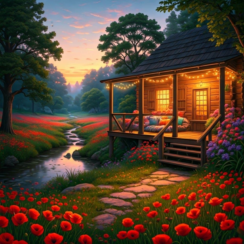 Cozy Wood Cabin in a Vibrant Poppy Meadow