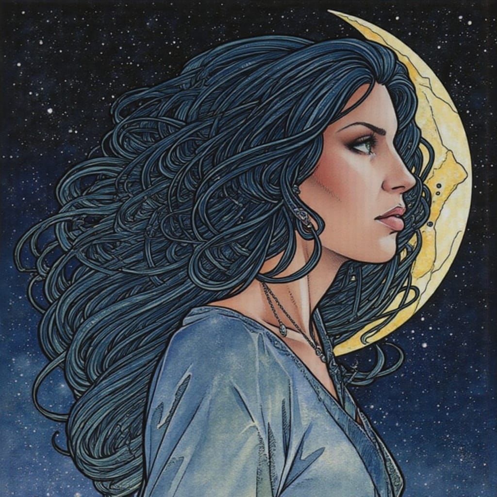 Glowing Woman Under Crescent Moon in a Starry Night Sky