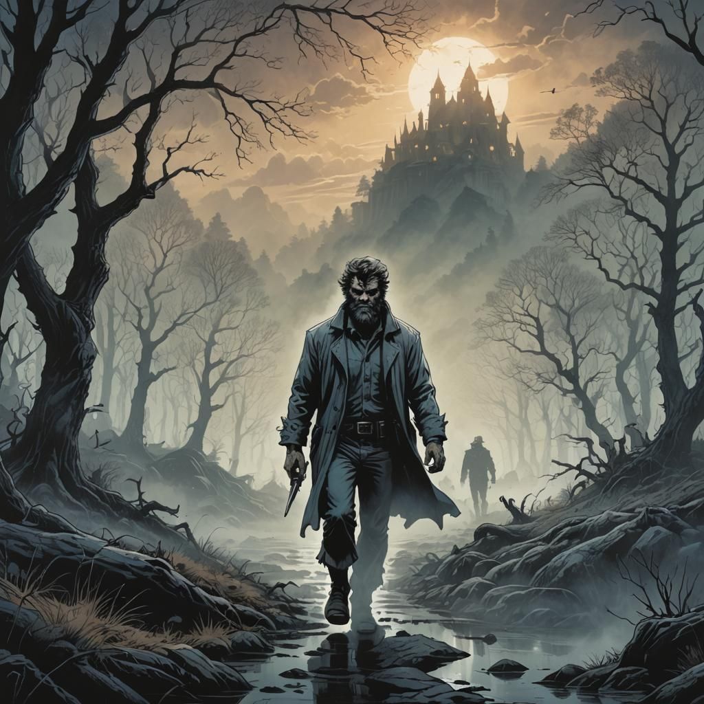 Wolfman in Foggy Landscape Comic Book Art