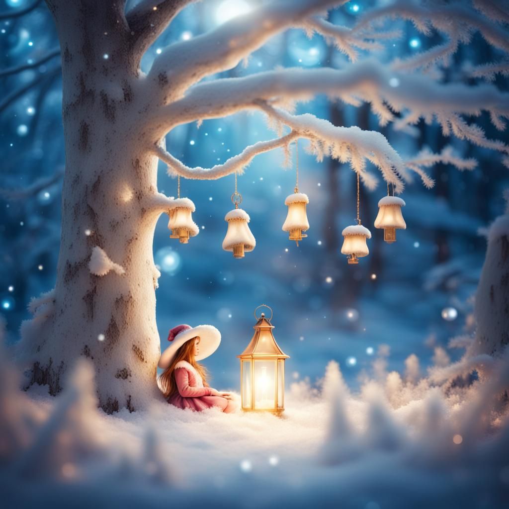 Alice in a Magical Winter Forest with Lanterns