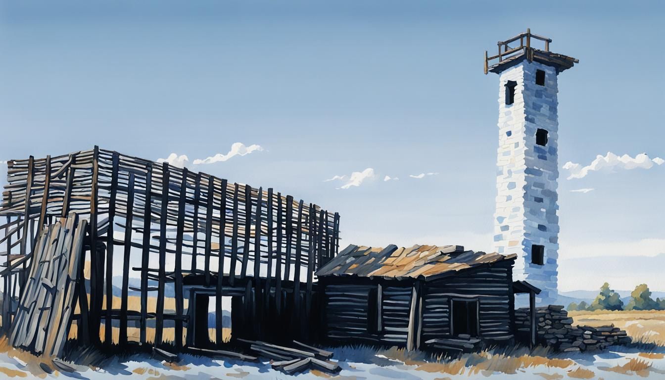 Frontier Tower in Gouache Style, Watercolor Painting