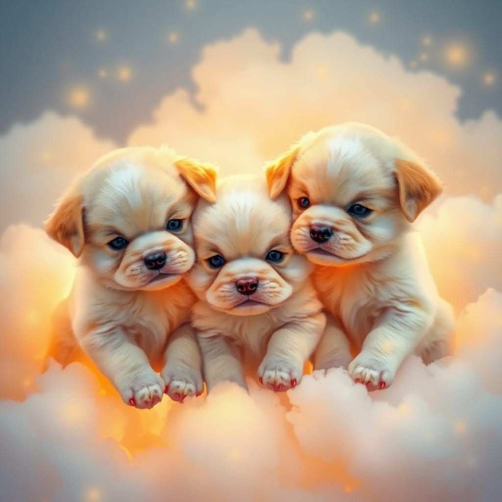 Whimsical Puppies in Clouds, in Watercolor Style