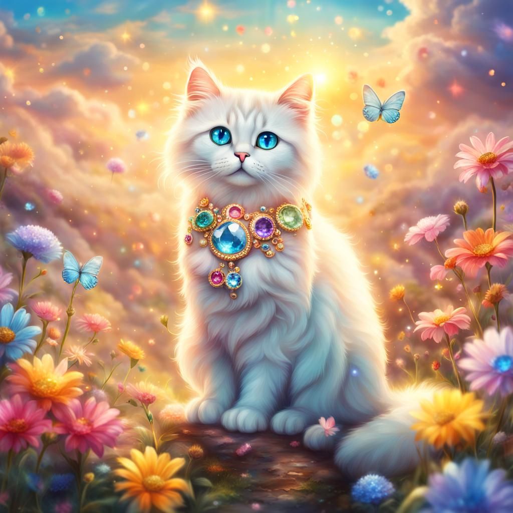 Mystical Bejeweled Cat in Kawaii Style