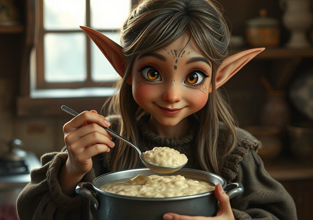 Elven Peasant Eats Porridge: Pixar-Inspired Fantasy Portrait