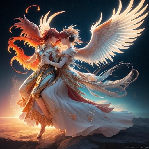Phoenix Envelops Lovers in Sparkling Light: Anime Art
