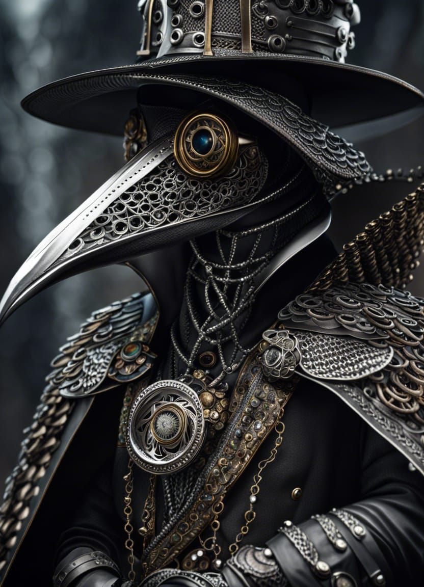 Steampunk Plague Doctor in Silver Chainmail Armor