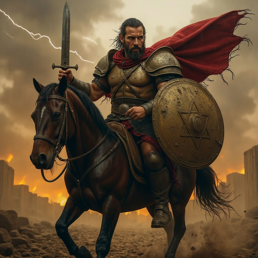 Judah Maccabee in Ruined Village Under Rain