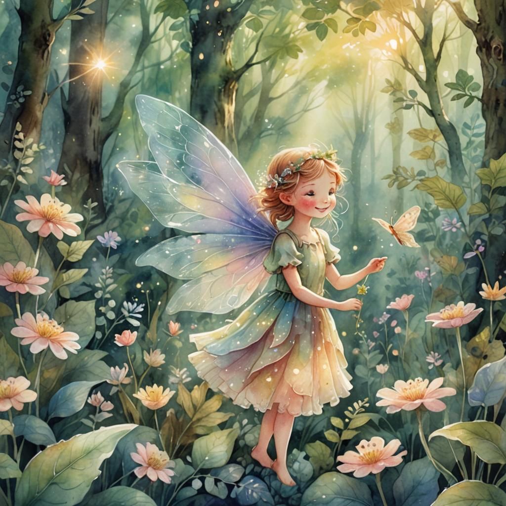 Happy Fairy in Forest, Dreamy Watercolor Illustration