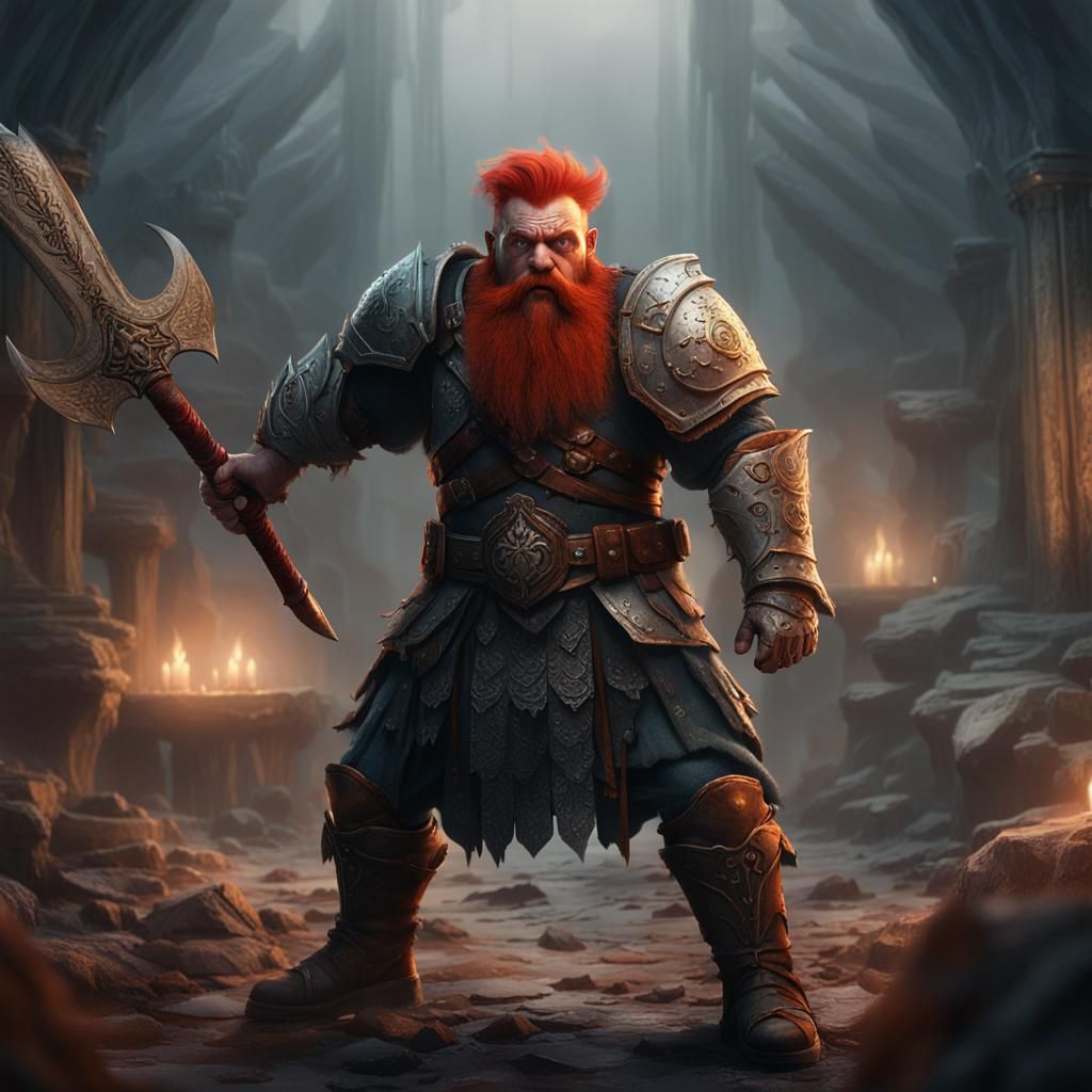 Red-Haired Dwarf Warrior in White Light: Detailed Matte Pain...