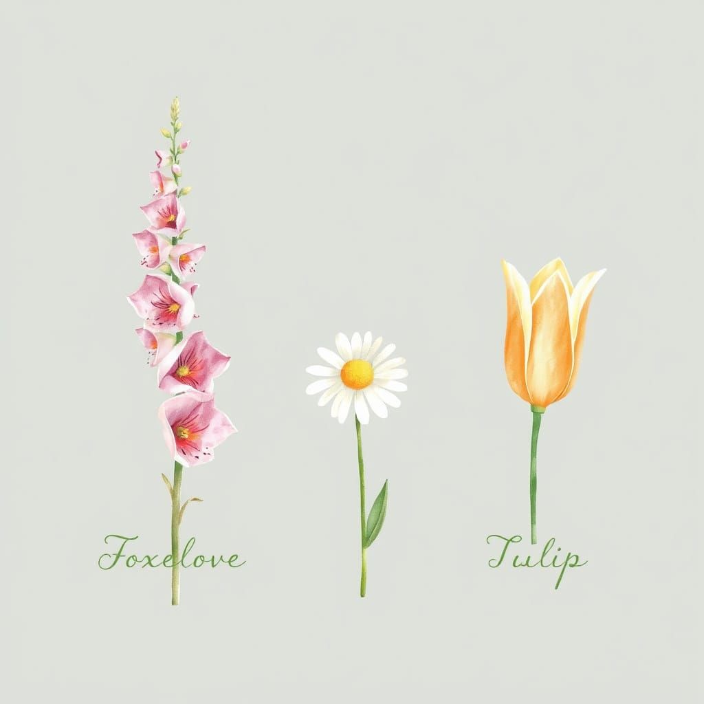 Whimsical Watercolor Botanicals of Foxglove, Daisy, and Tuli...