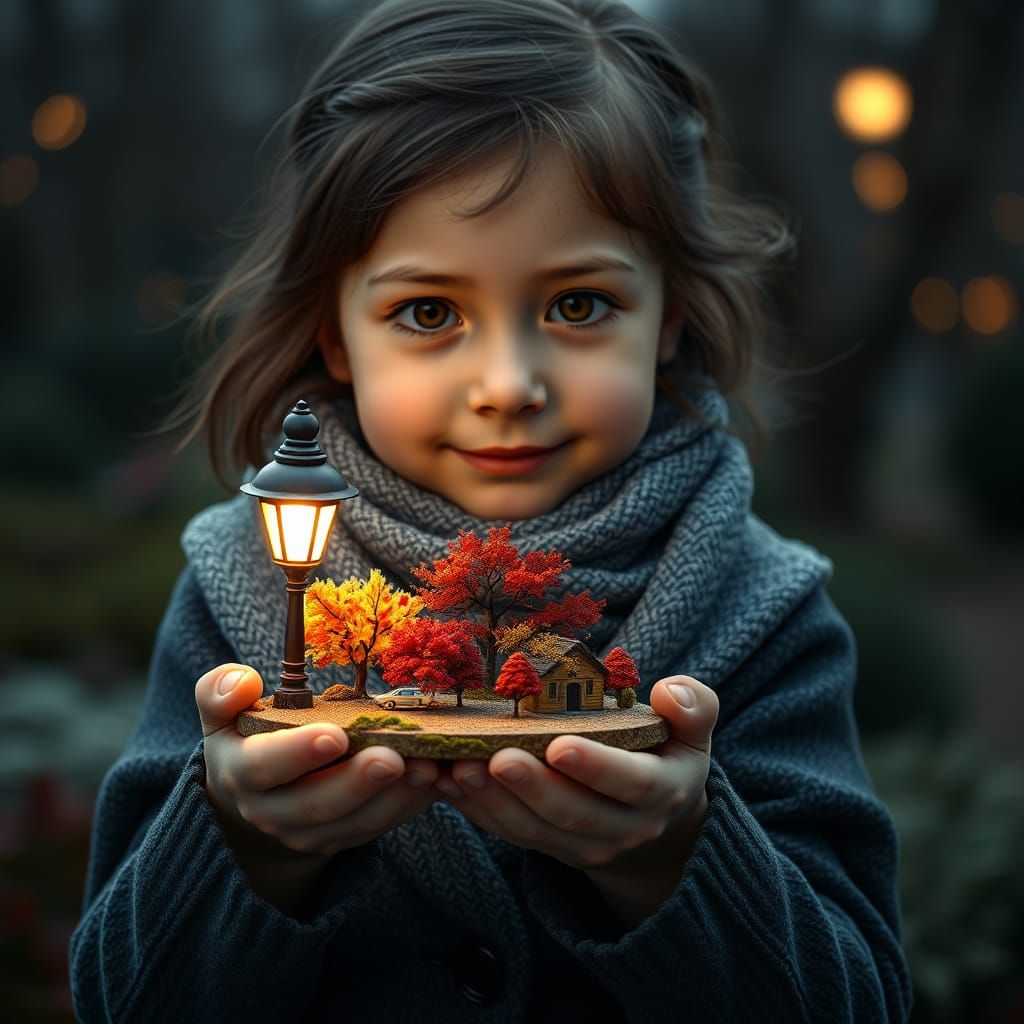 Girl Holds Miniature Autumn Park in Cinematic Light