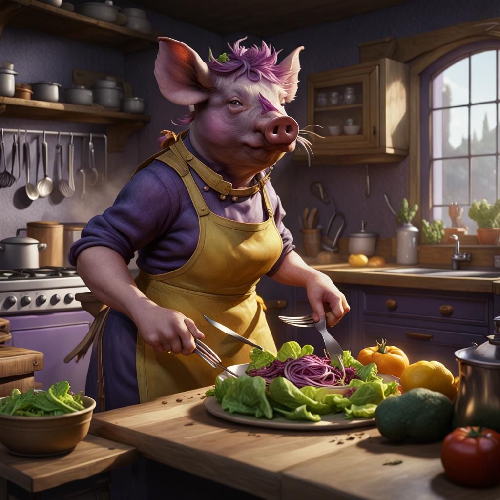 Pig Chef Creates Salad, Dark Fantasy Concept Art