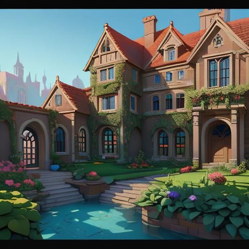 Cartoon Mansion with Garden in Pixar Style