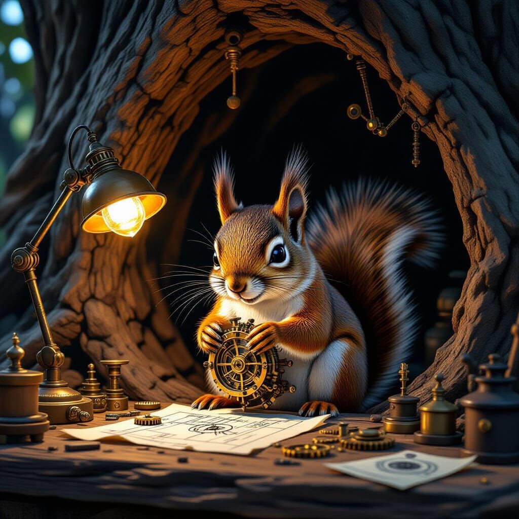 Steampunk Squirrel Crafts Clockwork in Oak Tree Workshop