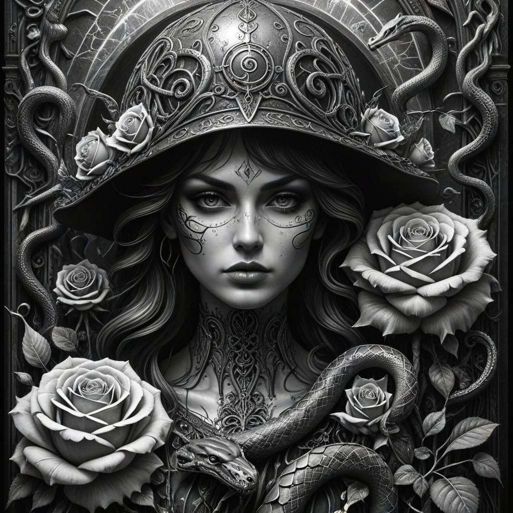 Gothic Engraving of Suns, Waves, and Mystical Helmets